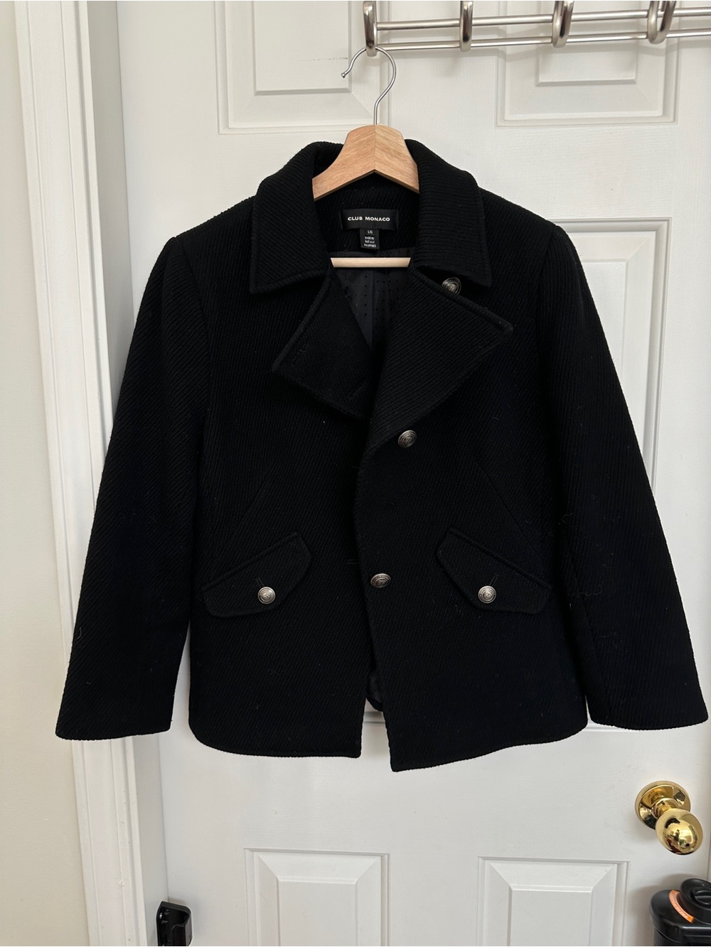Club Monaco Black Double-Breasted Wool Peacoat L